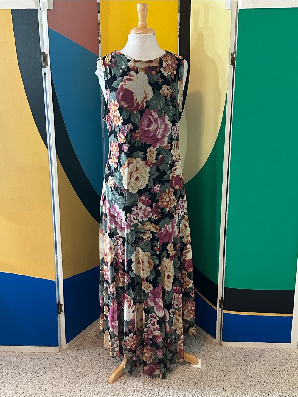Nicole Miller Floral Maxi Dress in Dark Green, Burgundy, Cream